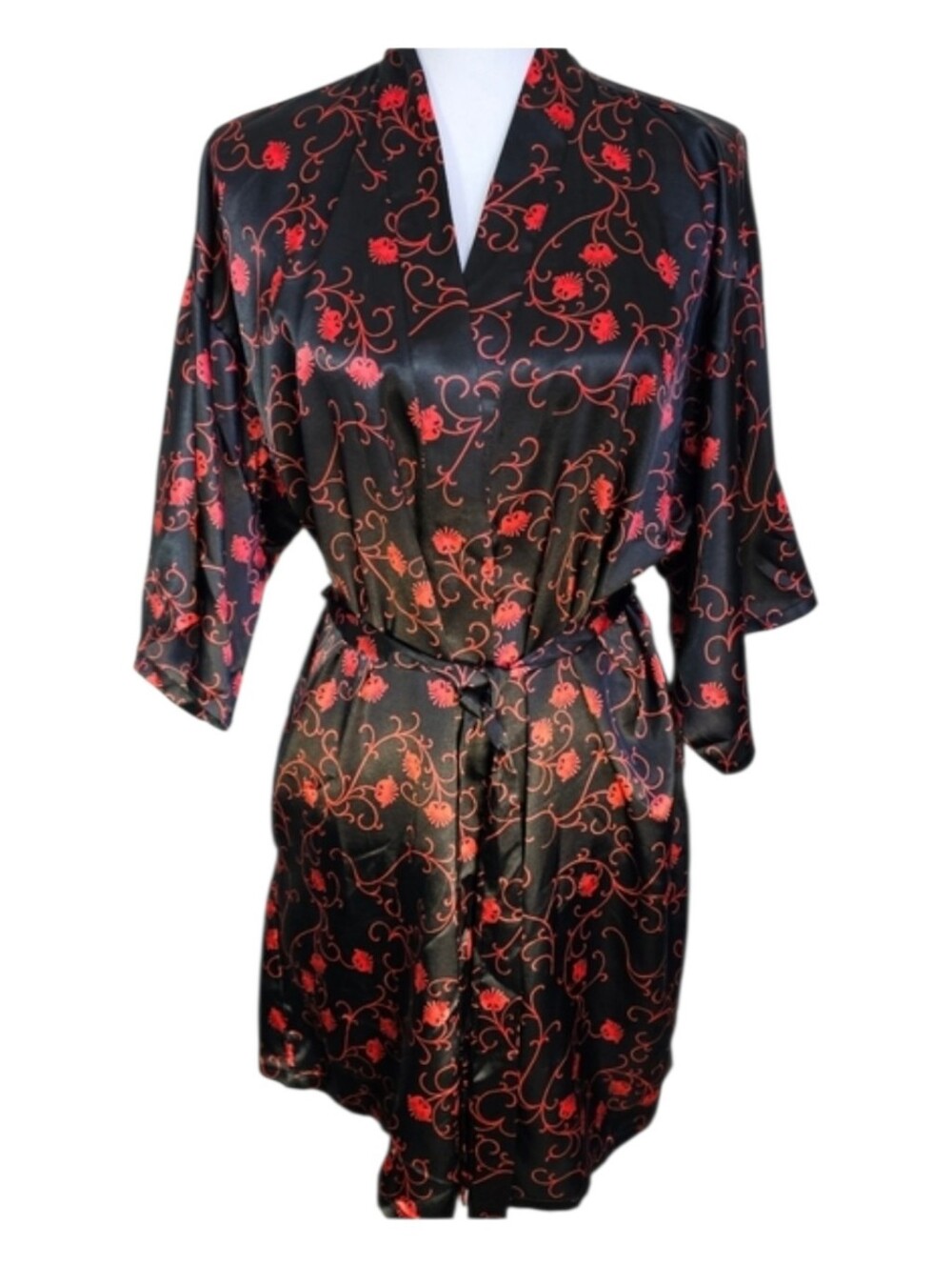 Veami Whimsigoth Black Red Floral Satin Kimono Style Robe With Belt Wm Size M
